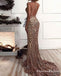 Elegant Spaghetti Straps Gold Sequined Mermaid Long Formal Prom Dresses, QB0580