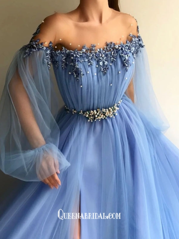 Graceful Blue Tulle Appliques Beads Puffy Sleeves A-line Evening Gowns Prom Dresses , QBP012