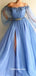 Graceful Blue Tulle Appliques Beads Puffy Sleeves A-line Evening Gowns Prom Dresses , QBP012