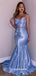 Two Pieces Sparkly Light Blue Spahgetti Straps Mermaid Evening Gowns Prom Dresses , QBP015