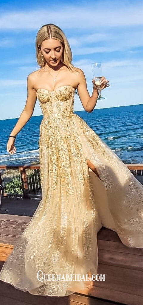 Gorgeous Sweetheart Strapless Gold Appliques Tulle A-line Evening Gowns Prom Dresses , QBP018