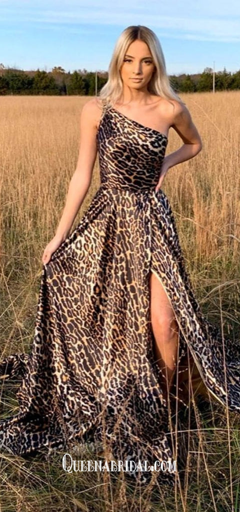 Sexy One Shoulder Leopard Print A-line Slits Evening Gowns Prom Dresses , QBP021