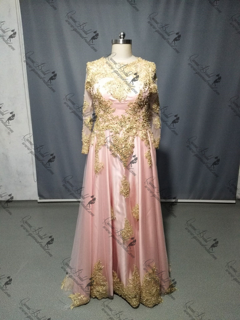 Long Sleeves Gold Lace Beaded Pink Skirt Long Evening Prom Dresses, QB0376