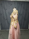 Long Sleeves Gold Lace Beaded Pink Skirt Long Evening Prom Dresses, QB0376