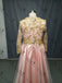 Long Sleeves Gold Lace Beaded Pink Skirt Long Evening Prom Dresses, QB0376