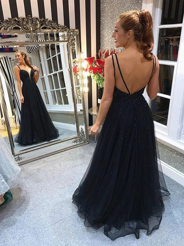 Black A-line Spaghetti Straps V-neck Maxi Long Prom Dresses,WGP277