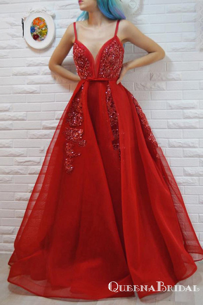 A-Line Spaghetti Straps Red Beaded Prom Dresses with Appliques, QB0711