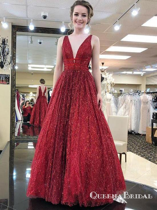 Sparkly Burgundy Sequins Cheap Long V Neck A Line Prom Dresses, QB0593