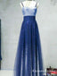 A-line Straps Long Cheap Sleeveless Tulle Prom Dresses With Sequin, QB0600