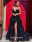 Sequins Black Spaghetti Straps Slits Shinny Layer Long Prom Dresses Party Gowns, WGP212