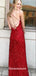 Red Sequins Spaghetti Straps Slits Tassels Backless Sheath Long Prom Dresses Party Gowns, WGP213