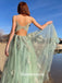 Light Green Spaghetti Straps Appliques Tulle A-line Long Party Gowns Prom Dresses, WGP217