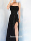 Black Spaghetti Straps Criss Cross Lace-up Slits Sheath A-line Evening Gowns Prom Dresses, WGP222