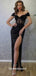 Vintage Black Polka Dots Satin Off Shoulder Slits Sheath Evening Gowns Prom Dresses, WGP223