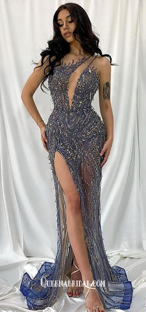 One Shoulder See Through Sequins Slits Sexy Mermaid Evening Gowns Prom Dresses, WGP225