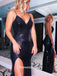 Black Sparkly Sequins Spaghetti Straps Backless Slits V-neck Evening Gowns Prom Dresses, WGP234