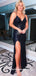 Black Sparkly Sequins Spaghetti Straps Backless Slits V-neck Evening Gowns Prom Dresses, WGP234