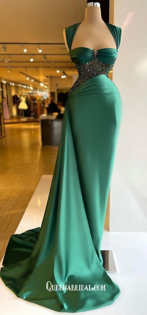 Gorgeous Emerald Green Rhinestones Mermaid Pleating Soft Satin Evening Gowns Prom Dresses, WGP237