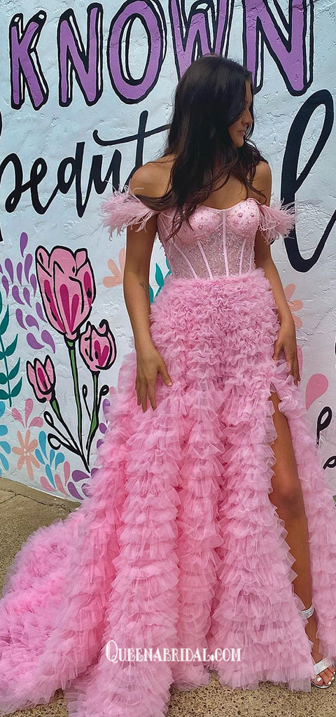 Pink Feathers Off Shoulder Beaded Tulle Thousand Layers Puffy A-line Evening Gowns Prom Dresses, WGP239