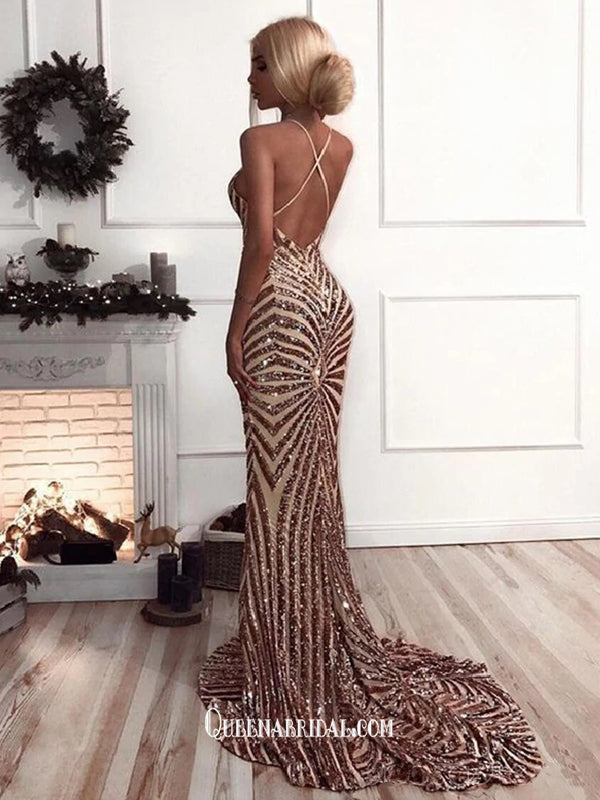 Sequin Mermaid Rose Gold Lace Long Evening Prom Dresses Sparkly Party Prom Dresses, WGP241