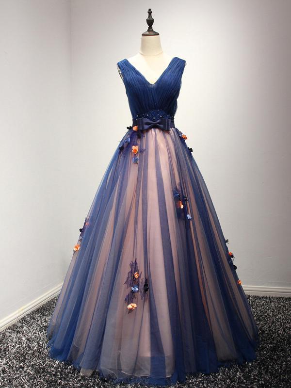 A Line Navy Blue Flower Appliqued Prom Dresses Bow Beaded Quinceanera Ball Gowns, QB0305