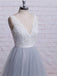 A-line V-neck Ivory Lace Bodice Grey Tulle Skirt Chapel Train Prom Dresses, QB0275