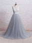 A-line V-neck Ivory Lace Bodice Grey Tulle Skirt Chapel Train Prom Dresses, QB0275