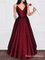 A-line V-neck Spaghetti Strap Burgundy Prom Dresses Long Formal Evening Ball Gowns, QB0338