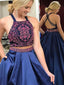 Ball Gown Navy Satin Two Pieces Prom Dresses with Square Neck, QB0304