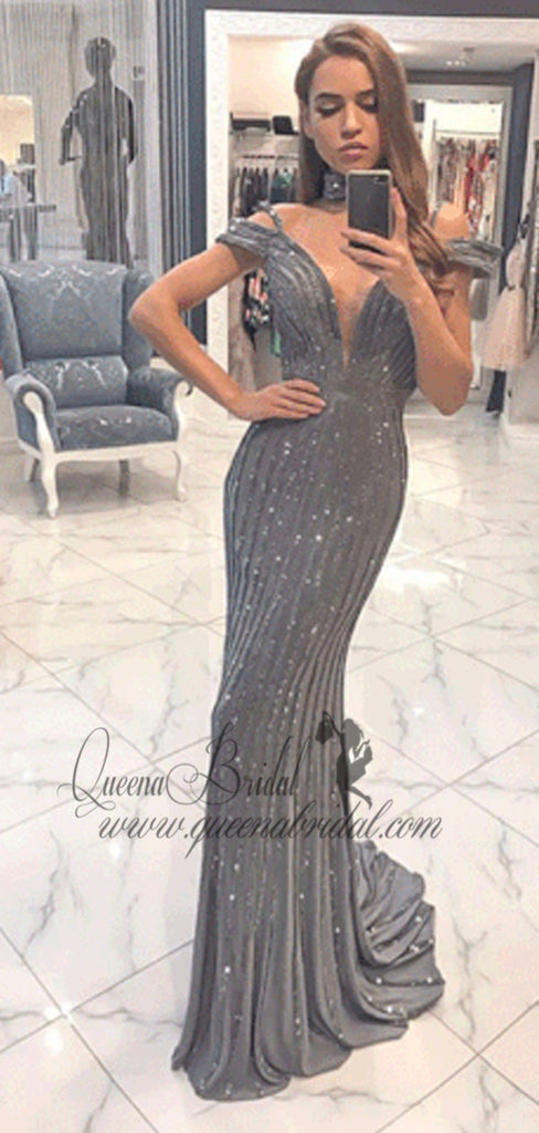 2019 Sparkly Grey Beaded Long Cheap Prom Dresses, QB0476