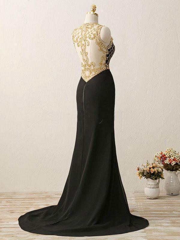 Black Chiffon with Gold Beaded Sweep Train Mermaid Prom Dresses, QB0348