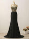 Black Chiffon with Gold Beaded Sweep Train Mermaid Prom Dresses, QB0348