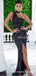 New Arrival Black Sparkly Sequin One Shoulder High Neck Front Slit Long Cheap Evening Prom Dresses, QB0966