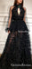 Gorgeus Halter Open Chest Long Sleeves Black Tulle A-line Long Cheap Evening Party Prom Dresses, PDS0017