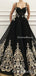 Gogerous Spaghetti Strap Black Tulle Gold Lace Applique A-line Long Cheap Formal Evening Prom Dresses, QB0967