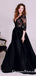 Honorable Black Deep V-neck 3/4 Sleeves Long Cheap Prom Dresses with Lace, QB0572