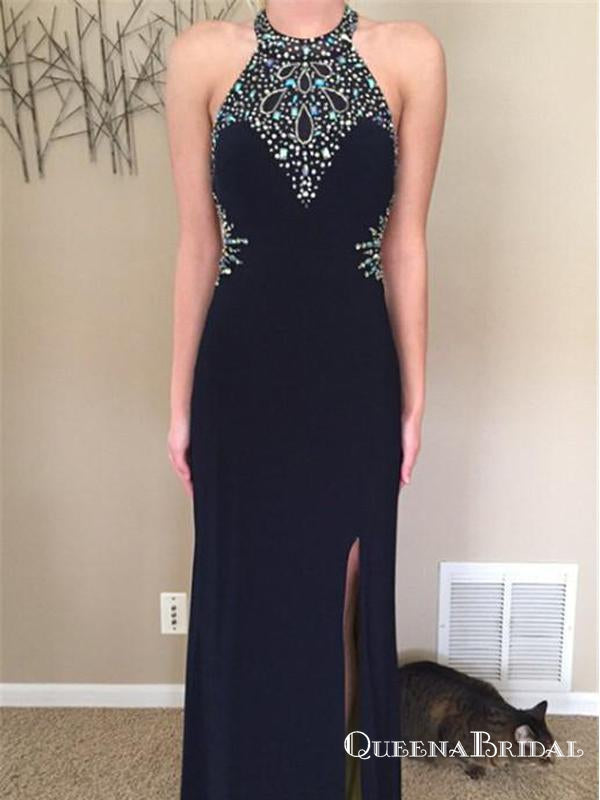 Black Halter Long Cheap  Beaded Prom Dresses With Side Slit, QB0657