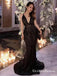 Sparkly Mermaid Deep V-Neck Long Black Lace Prom Dresses with Beaded, QB0514