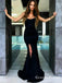 Black Mermaid Strapless Long Cheap Satin Prom Dresses with Side Split, QB0716