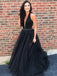 V Neck A line Black Rhinestone Tulle Cheap Evening Prom Dresses, QB0447