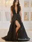 Sexy A-Line Deep V Neck Backless Black Satin Long with Beaded Slit Prom Dresses, QB0563