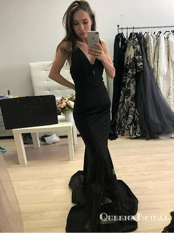 Black V Neck Sleeveless Backless Mermaid Prom Dresses, QB0660