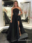 A-Line Strapless Long Cheap Black Satin Prom Dresses with Split, QB0542