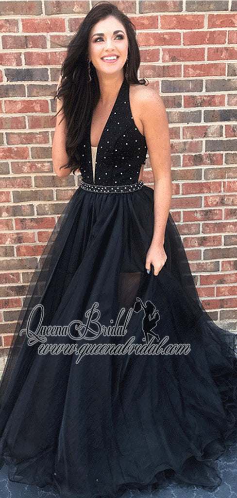 V Neck A line Black Rhinestone Tulle Cheap Evening Prom Dresses, QB0447