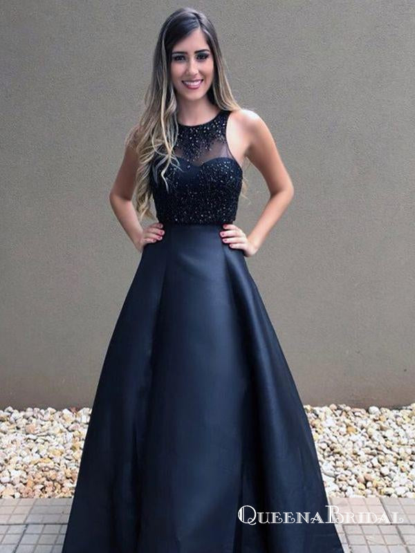 Cheap Black Beaded Long A-line Formal Ball Gown Prom Dresses, QB0604