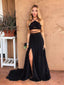 Sexy Black Two Pieces Side Slit Long Cheap Prom Dresses, QB0479