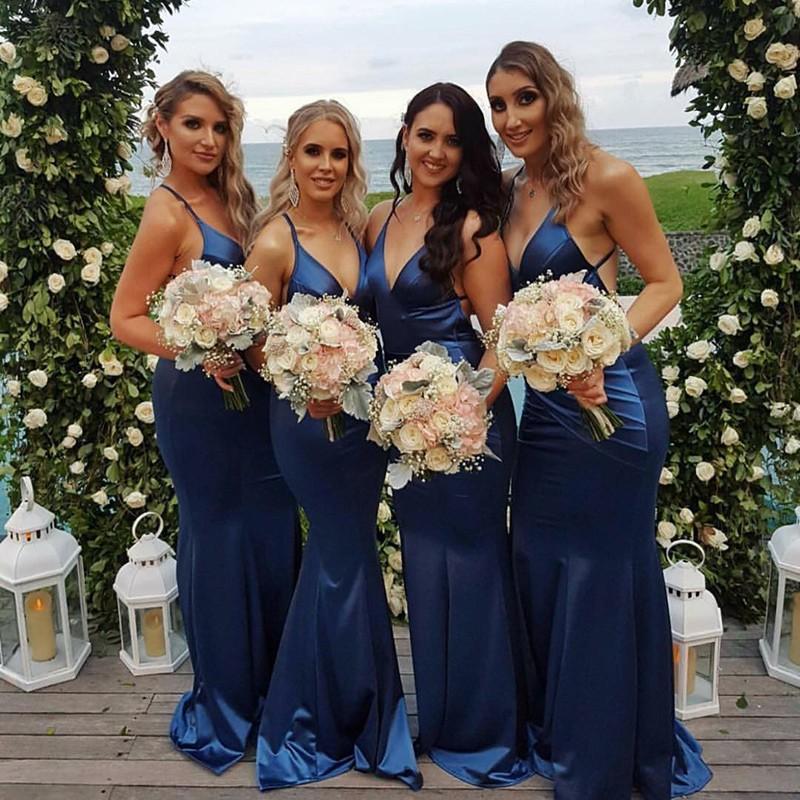 2018 Blue Mermaid V Neck Custom Long Bridesmaid Dresses, WG226