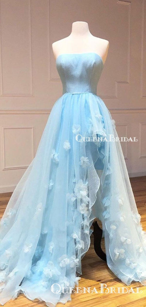 Unique Design Strapless Sleeveless Sky Blue Organza Side Slit A-line Long Cheap Formal Prom Dresses, PDS0036