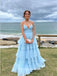 Cute Blue A-line Spaghetti Straps V-neck Maxi Long Prom Dresses,WGP279