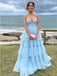 Cute Blue A-line Spaghetti Straps V-neck Maxi Long Prom Dresses,WGP279